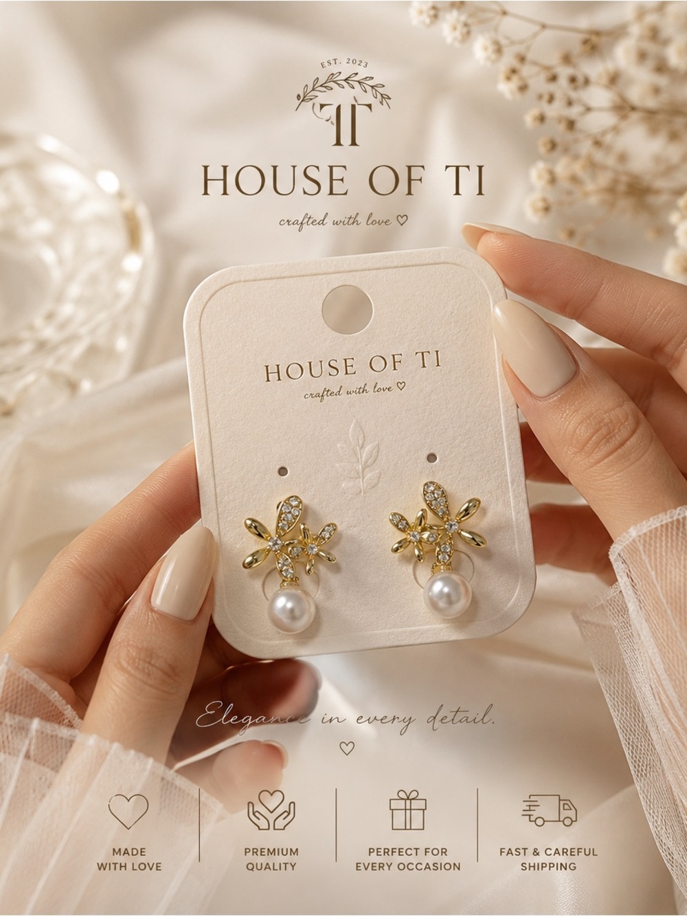Gold Floral Pearl Drop Earrings